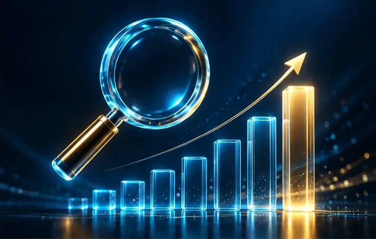 Illustration of a magnifying glass over a rising SEO growth chart