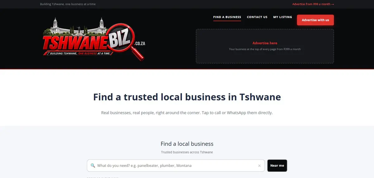 Screenshot of the Tshwane Biz website