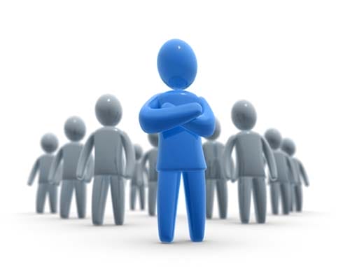 Illustration of a blue figure standing confidently in front of a group, representing authority and leadership.