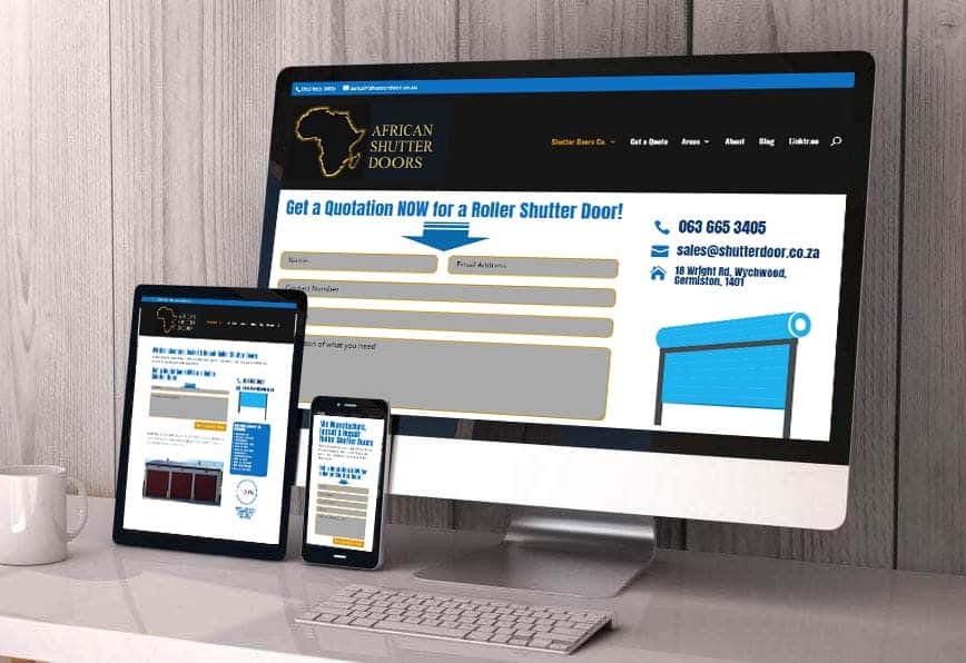 Responsive website design for African Shutter Doors displayed on desktop, tablet, and smartphone screens, featuring a quotation form for roller shutter doors.
